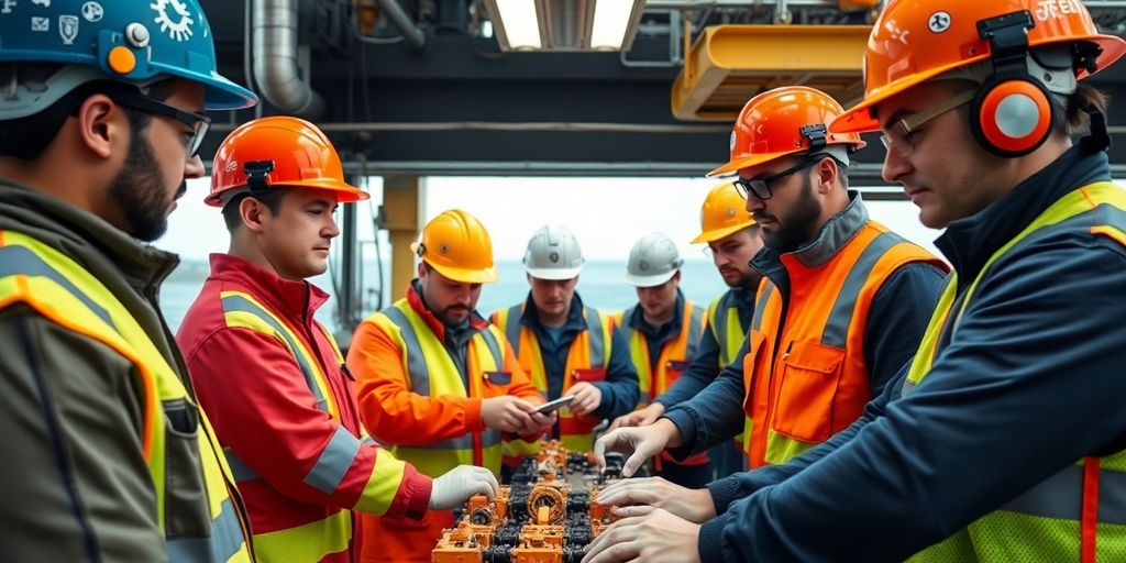 Grupo diverso de técnicos trabalhando em plataforma de petróleo.