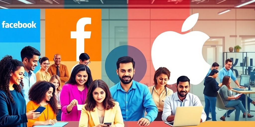 Profissionais diversos em ambiente tecnológico com logos da Apple e Facebook.