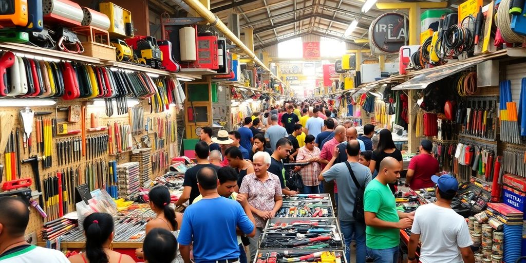 Mercado técnico com barracas e visitantes animados.