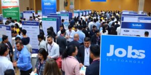 Feira de empregos técnicos com profissionais interagindo.