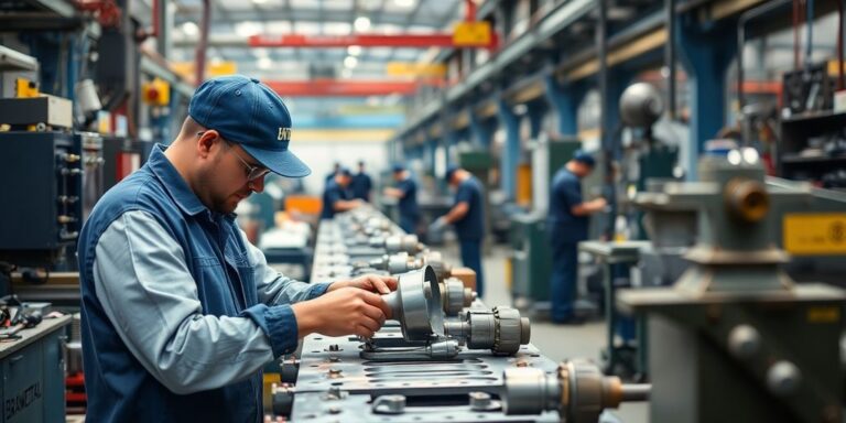 Técnico trabalhando em componentes metálicos na Brasmetal.