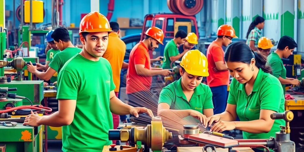 Trabalhadores técnicos ativos em Limeira, ambiente dinâmico.