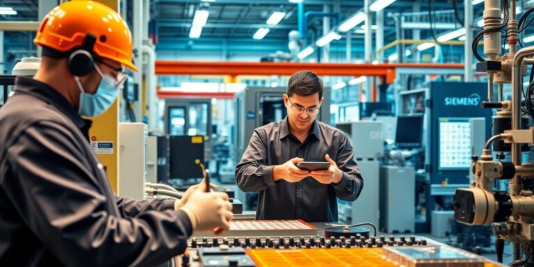 Técnicos trabalhando em manufatura avançada na Siemens.