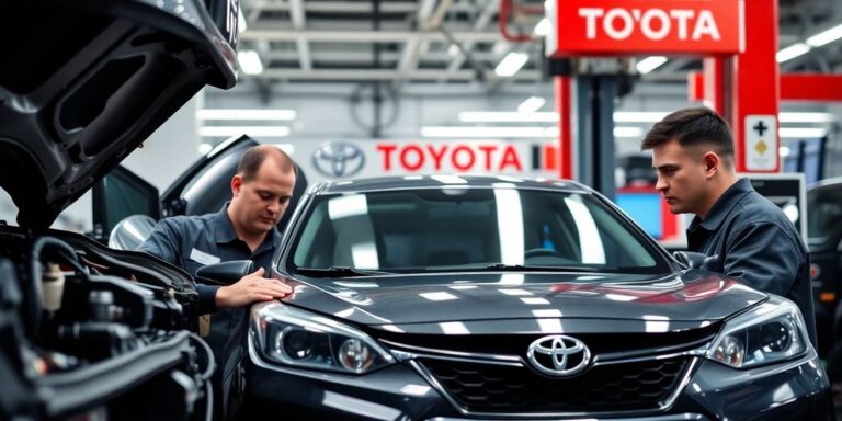 Técnicos da Toyota trabalhando em um veículo moderno.