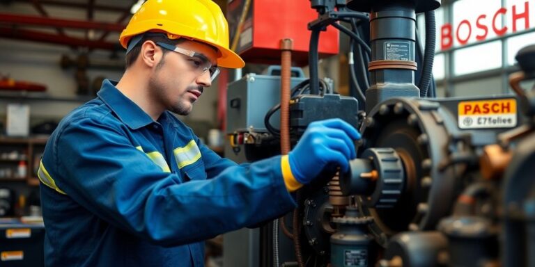 Técnico trabalhando em equipamentos na Bosch.
