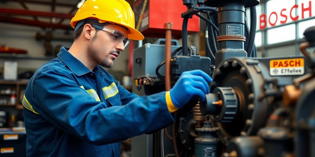 Técnico trabalhando em equipamentos na Bosch.