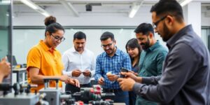 Grupo de profissionais em treinamento técnico prático.