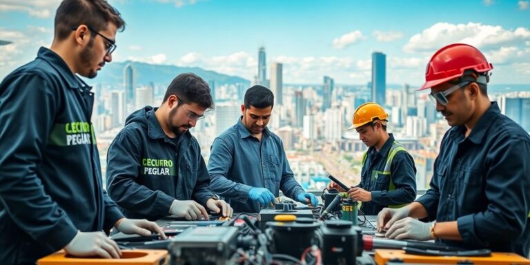 Técnicos trabalhando em São Paulo com ferramentas modernas.