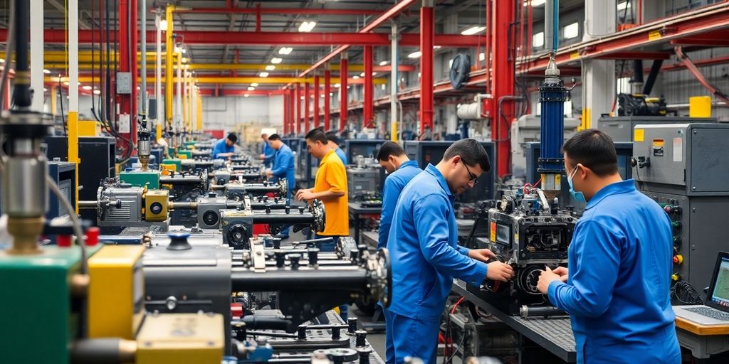 Técnicos trabalhando em máquinas na indústria de Piracicaba.