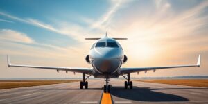 Avião da Embraer em uma pista de decolagem.