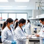 Técnicos farmacêuticos trabalhando em laboratório da EMS.
