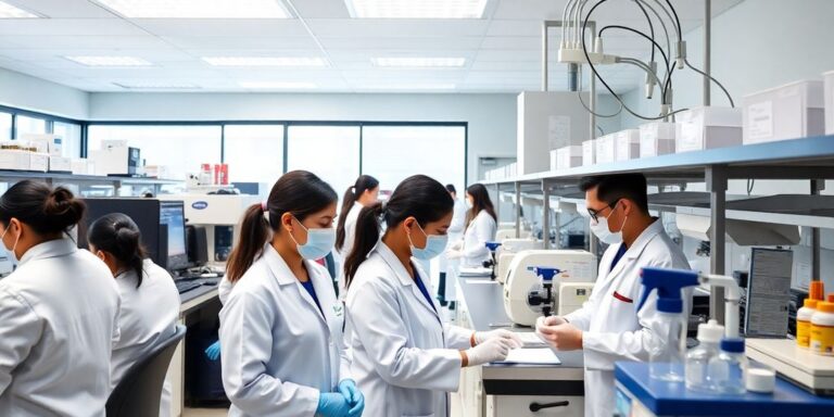 Técnicos farmacêuticos trabalhando em laboratório da EMS.