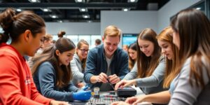 Grupo de alunos em um workshop técnico prático.