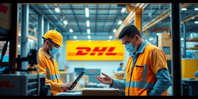 Técnicos da DHL trabalhando em instalação moderna de logística.