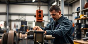 Técnico qualificado trabalhando em uma oficina moderna.
