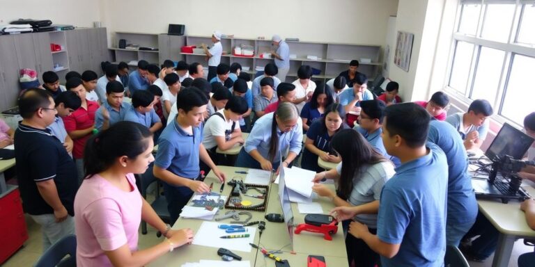 Sala de aula vibrante com alunos em atividade prática.
