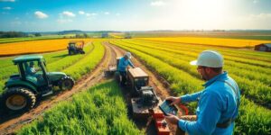 Técnicos trabalhando em um campo rural ensolarado.