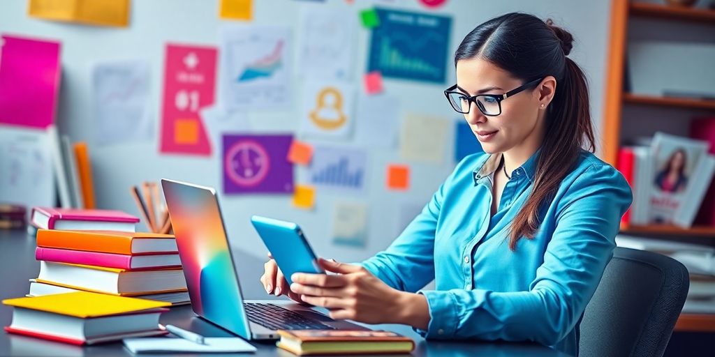 Profissional em formação digital com laptop e livros.