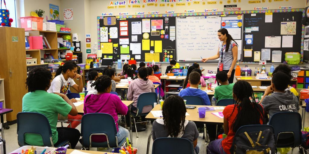Sala de aula vibrante com alunos e professor engajados.