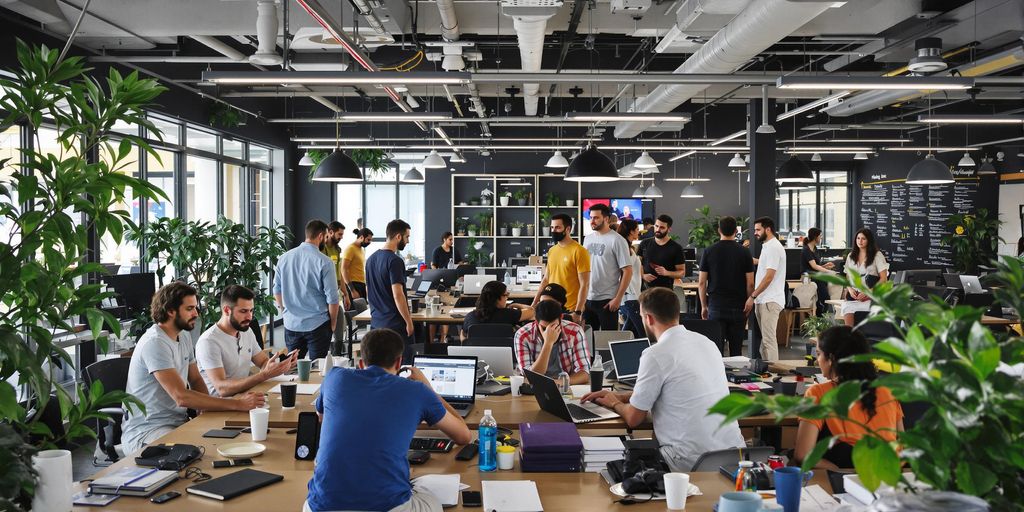 Empreendedores brasileiros colaborando em um ambiente moderno.