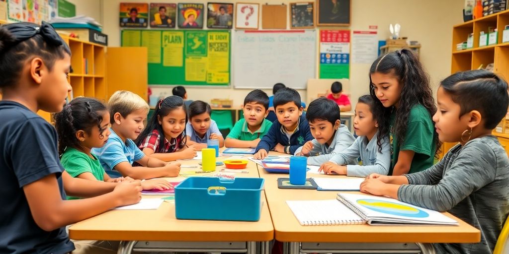 Grupo diverso de alunos em sala de aula inclusiva.