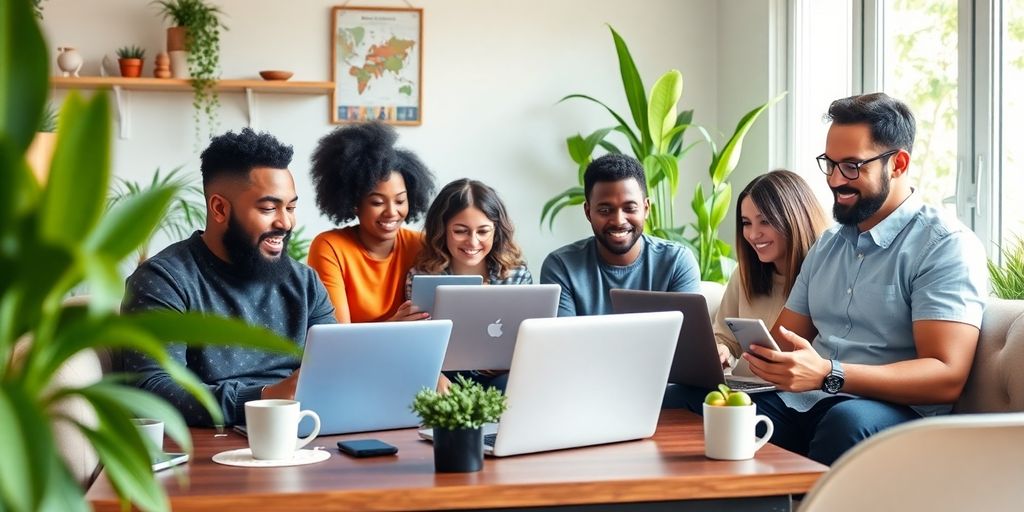 Grupo diverso de trabalhadores remotos em home office.