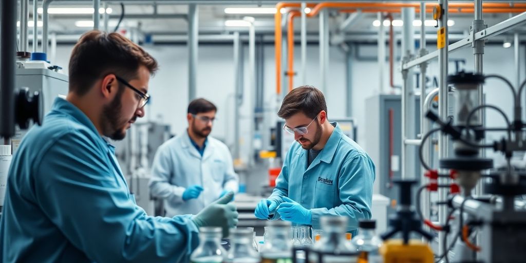 Técnicos da Braskem em ação no laboratório químico.