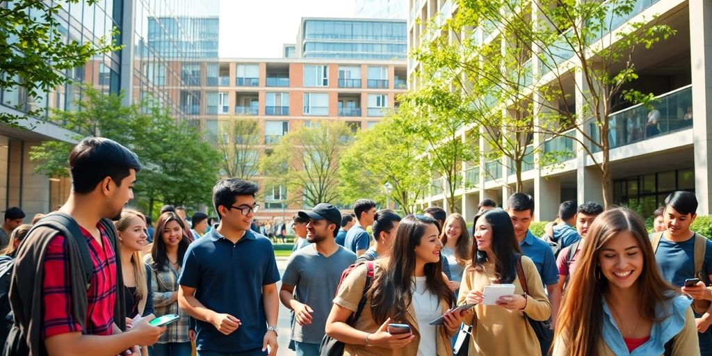 Estudantes em um campus universitário moderno e vibrante.
