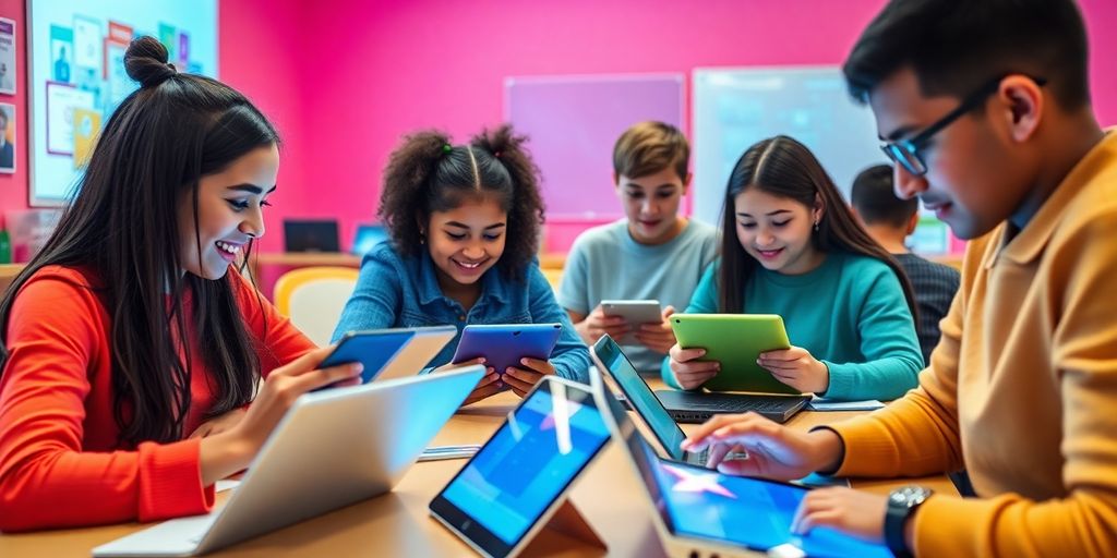 Sala de aula digital com alunos usando tecnologia diversificada.