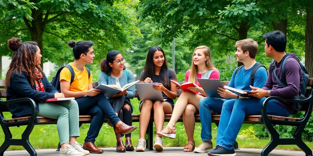 Grupo diverso de estudantes universitários discutindo no campus.