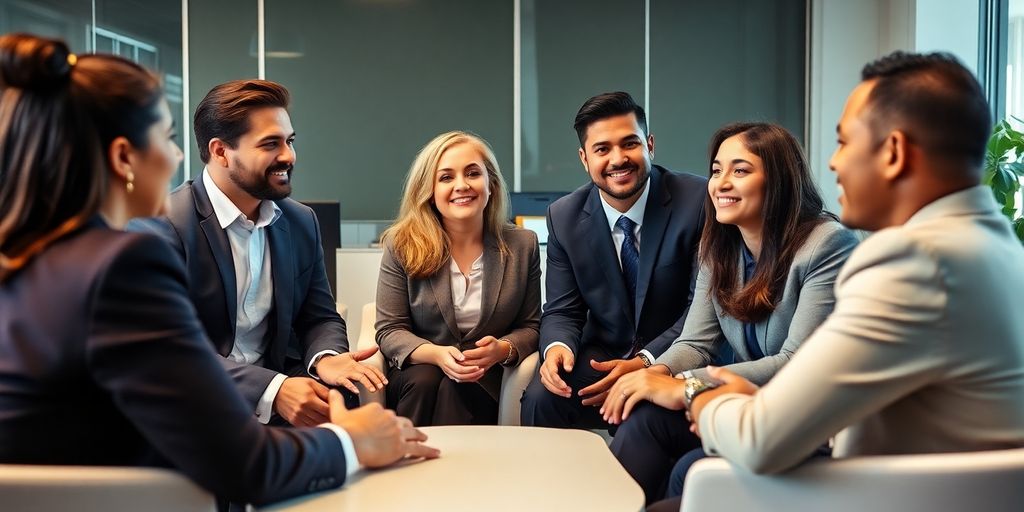 Grupo de profissionais discutindo em ambiente corporativo.