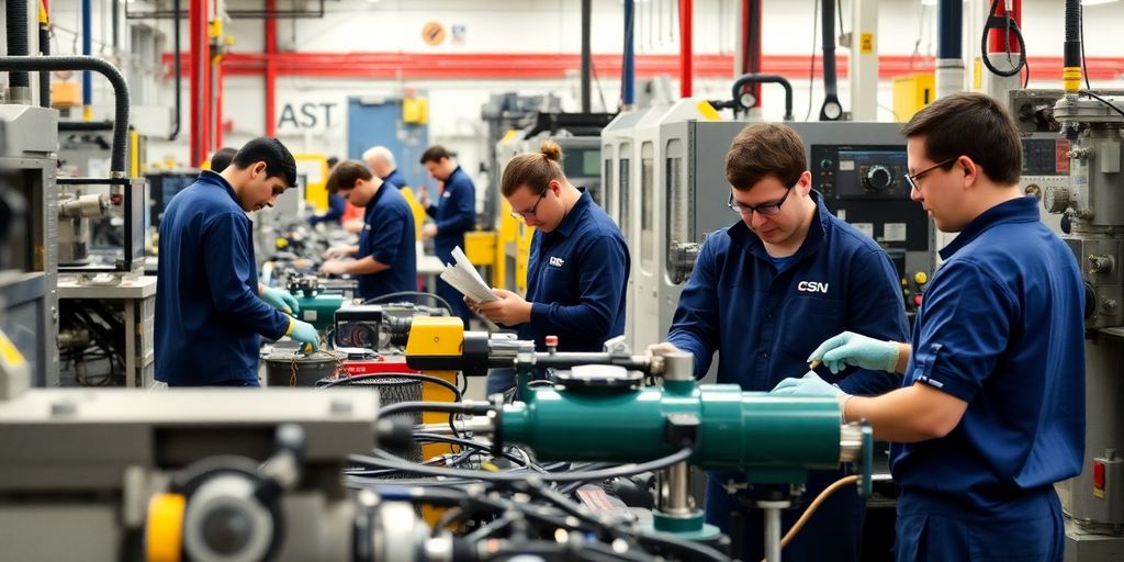Técnicos trabalhando na CSN em ambiente industrial.