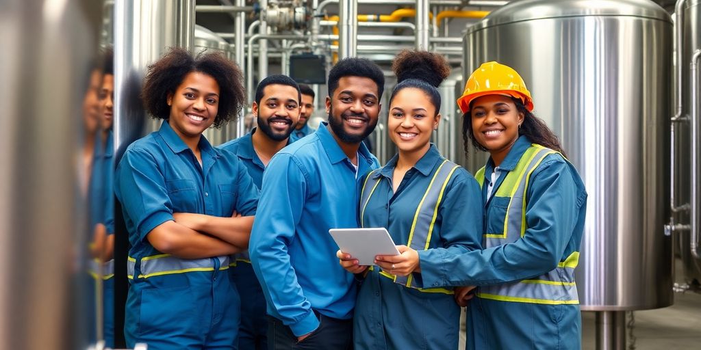 Técnicos diversos colaborando em uma cervejaria da Ambev.