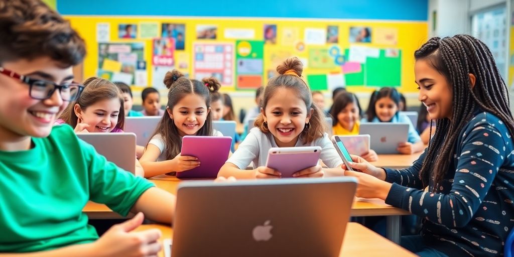 Sala de aula moderna com alunos usando tecnologia.