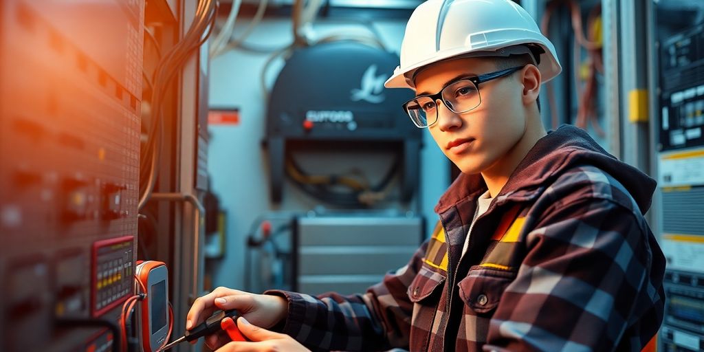 Técnico jovem trabalhando com circuitos elétricos.