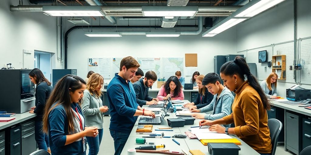Estudantes em sala de aula técnica com equipamentos avançados.