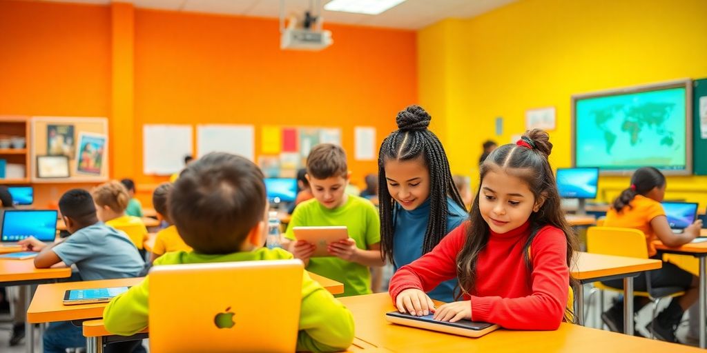 Sala de aula moderna com alunos usando dispositivos digitais.