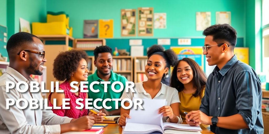 Grupo diverso discutindo em ambiente escolar.