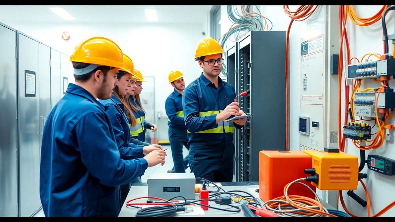 Estudantes trabalham em laboratório de eletrotécnica com painéis elétricos