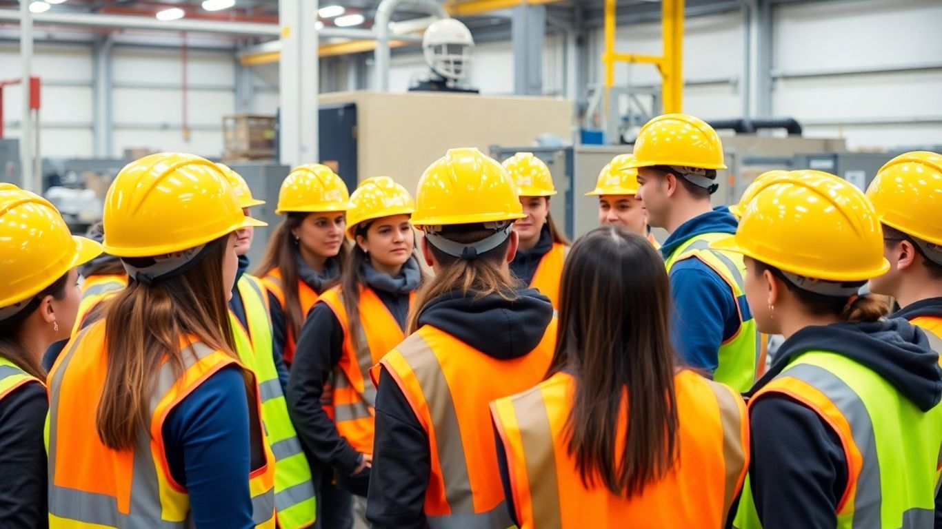 Alunos com capacetes e coletes em ambiente industrial.