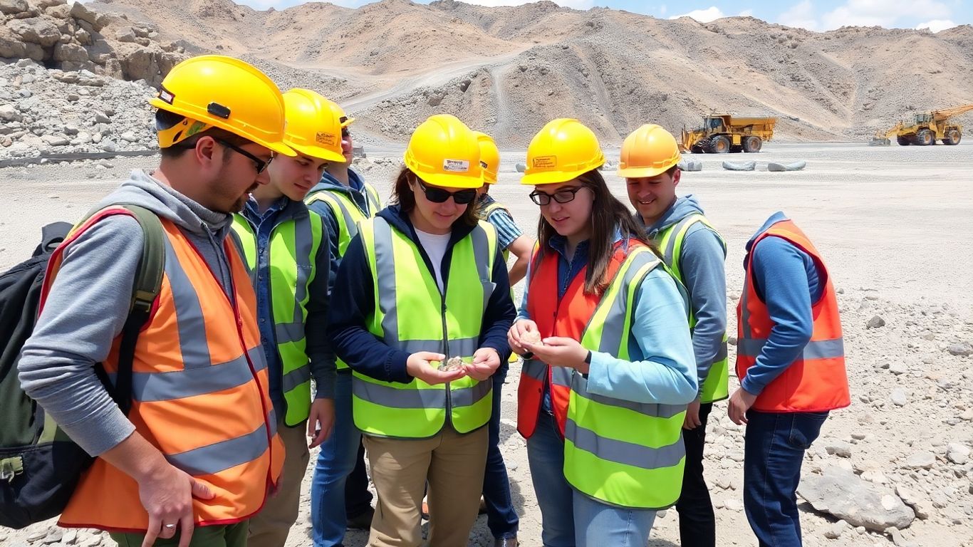 Alunos mineradores com capacetes em campo de mineração