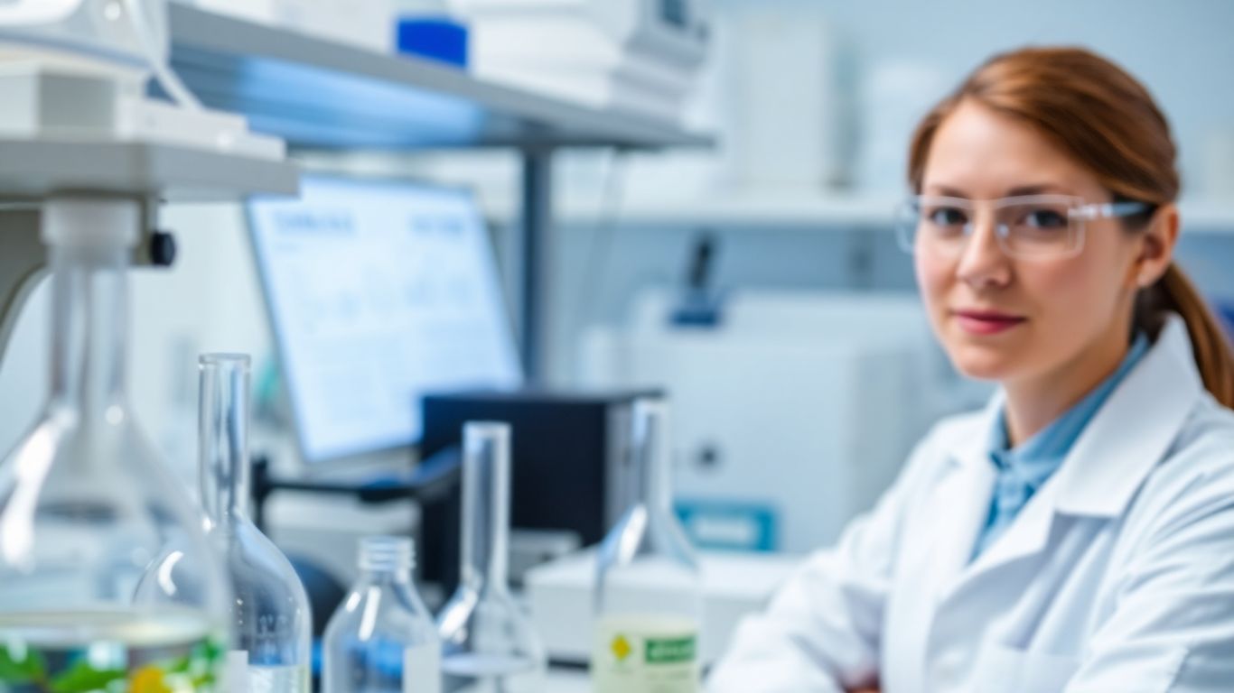 Técnico em química em laboratório com equipamentos.