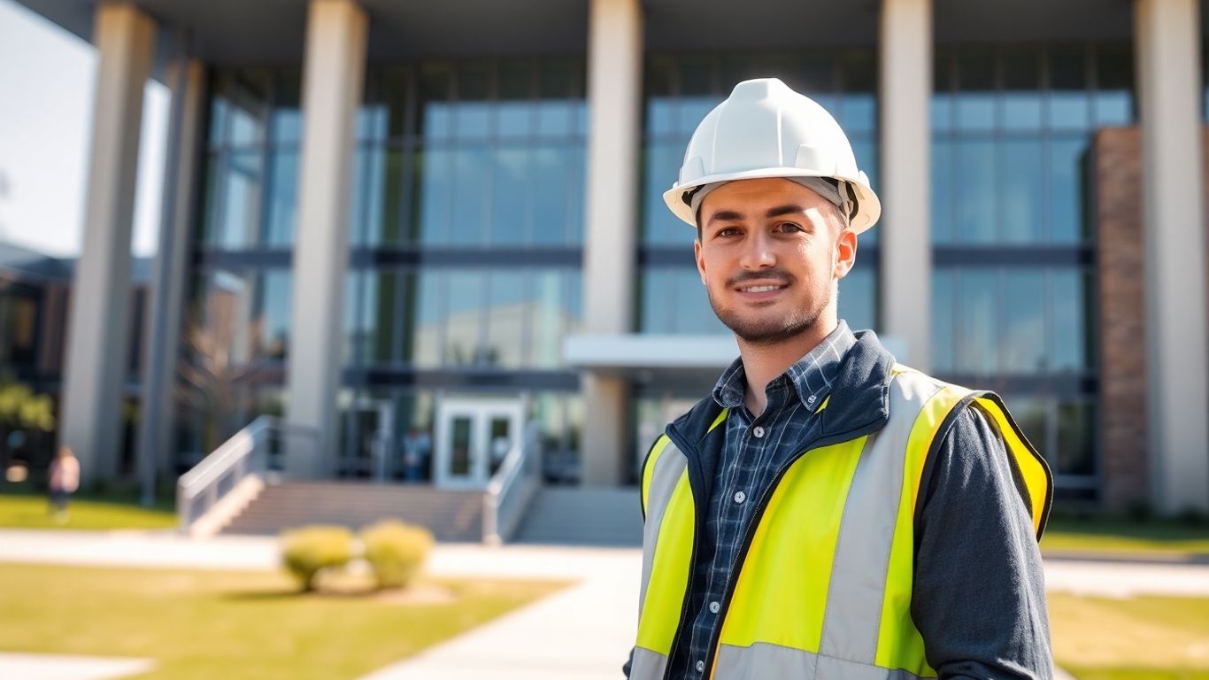 Técnico em segurança do trabalho em frente à faculdade.