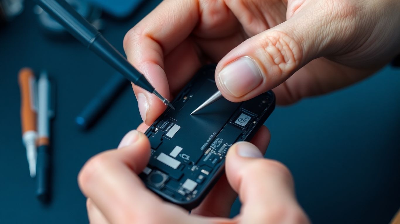 Mãos consertando um celular com ferramentas