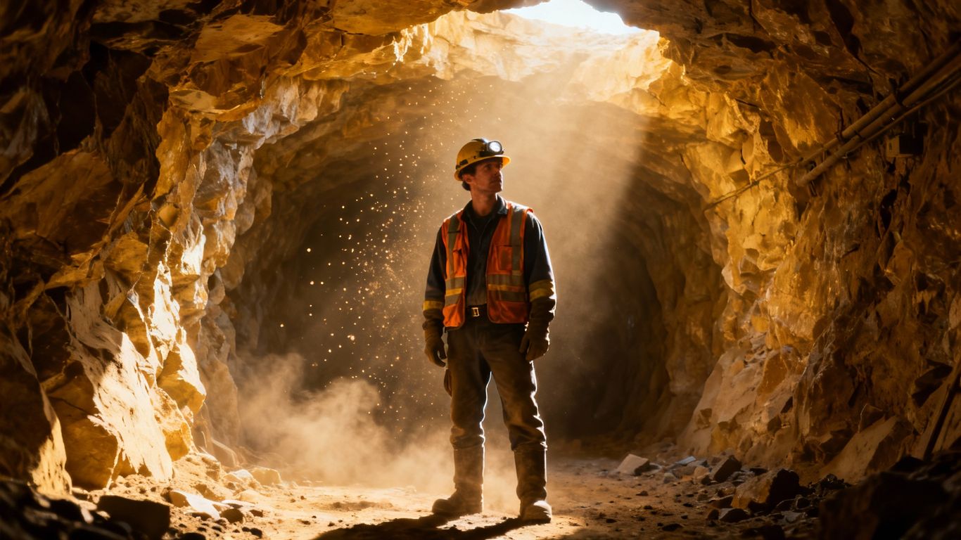 Técnico em mineração em túnel com capacete e colete.