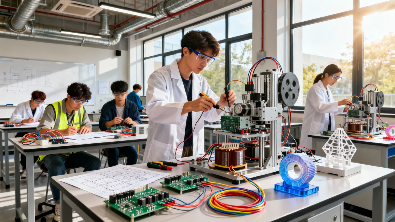 Estudantes em curso técnico de elétrica com equipamentos modernos.