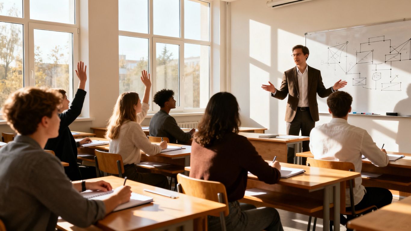 Estudantes em sala de aula com professor.