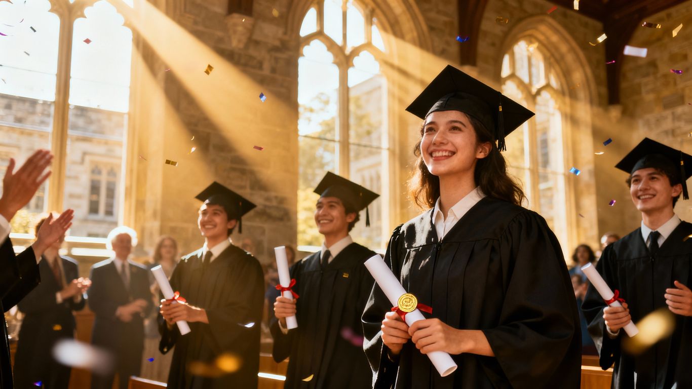 Estudantes sorrindo com diplomas em cerimônia de formatura.