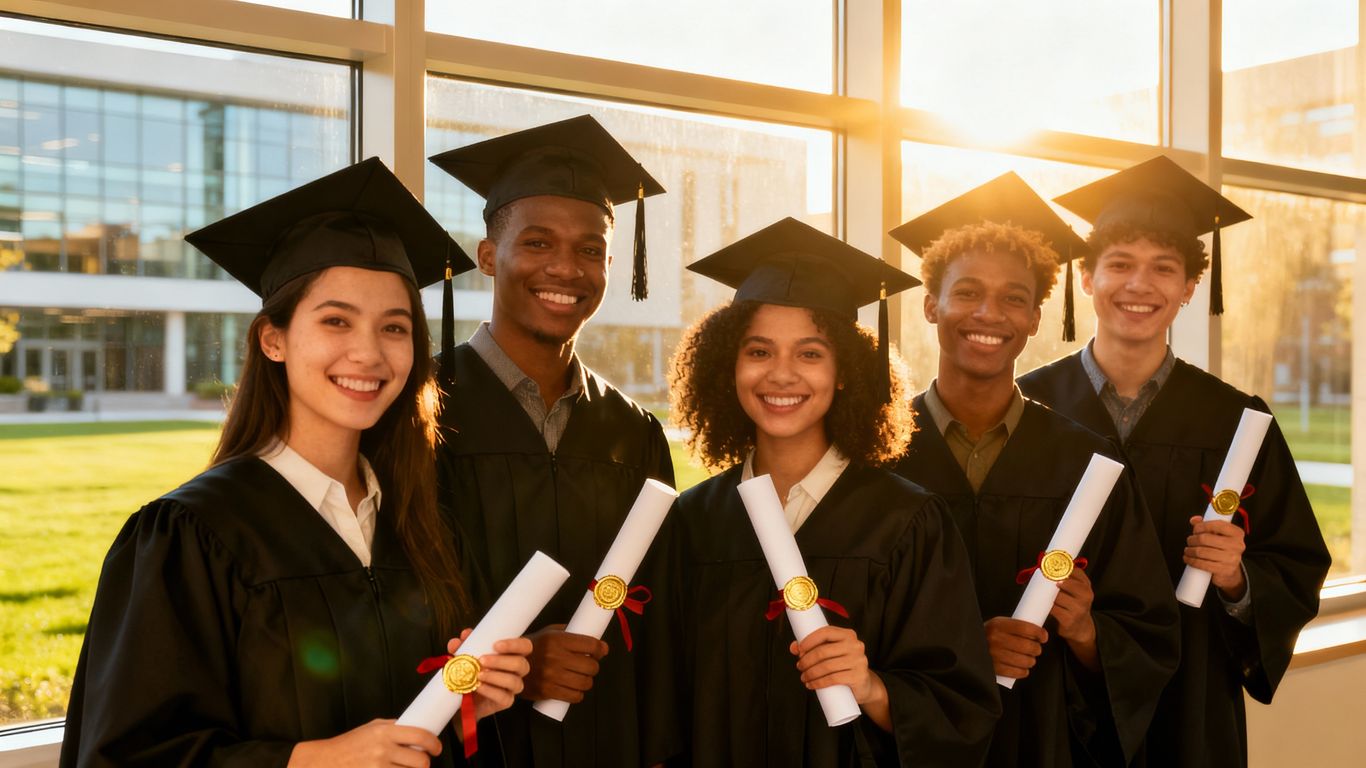 Estudantes sorrindo com diplomas em um campus universitário.