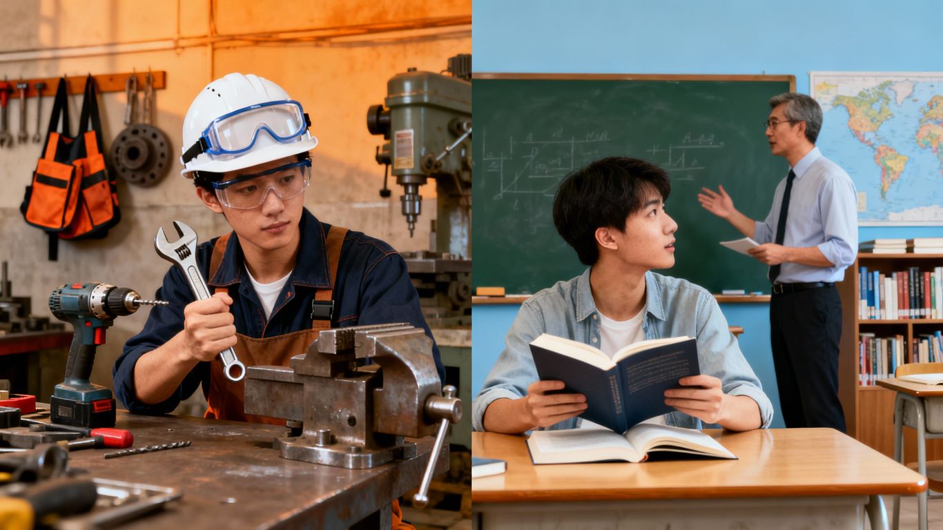 Estudantes em ambientes de aprendizado técnico e profissional.